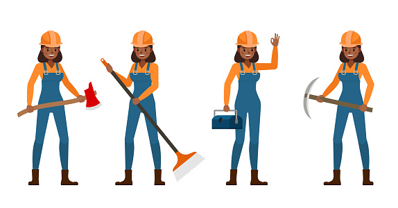Set of Builder woman working character vector design. Presentation in various action with emotions.