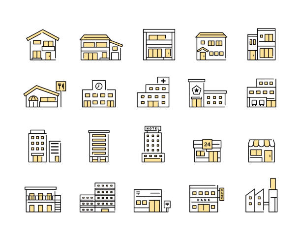 A set of building icons. There are houses, restaurants, schools, hospitals, police stations, fire stations, buildings, condominiums, hotels, convenience stores, factories, etc. A set of building icons. There are houses, restaurants, schools, hospitals, police stations, fire stations, buildings, condominiums, hotels, convenience stores, factories, etc. icon illustrations stock illustrations