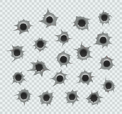 Set of bullet holes. Different damaged element from bullet on metallic surface.