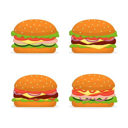 Set of burgers with ham, cutlet, cheese and vegetables