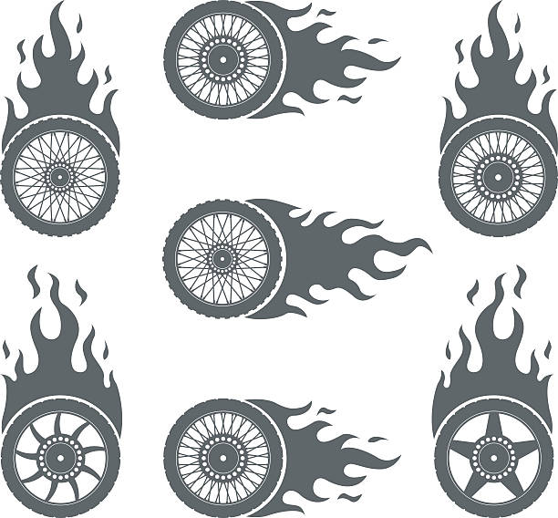Set of Burning wheels for motorcycles  hot wheels flames stock illustrations