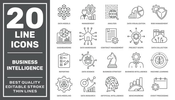 Set of business intelligence icons such as machine learning, data modeling, visualization, risk management and more different. High quality. Editable stroke. EPS10 vector art illustration