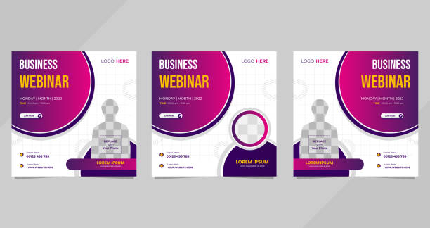 Set of business webinar social media template with circle frame and white purple background vector art illustration