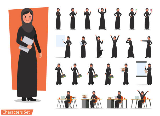 set of business woman character poses set of business woman character poses headwear stock illustrations