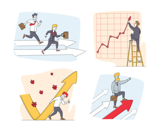 Set of Businesspeople Characters and Growing Arrows. Man and Woman Race Competition, Protecting of Covid Cells Attack Set of Businesspeople Characters and Growing Arrows. Man and Woman Race Competition, Protecting of Covid Cells Attack, Move to Success and Drawing Huge Chart. Linear People Vector Illustration safe move stock illustrations