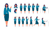 Set of businesswoman characters in different poses. Working, standing, walking, sitting and running. Vector illustration in flat style.