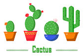 istock Set of cacti in pots. Long, round, oval, flowering and not, with spines and dots of cacti. Cactus home plant in flat illustration 1310440210