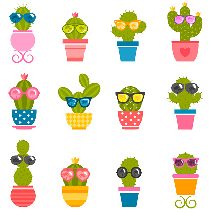 set of cactuses with sunglasses isolated on white