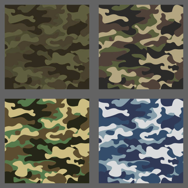 Set of camouflage seamless patterns background. Classic clothing style masking camo repeat print. Green,brown,black,olive,blue,ocean colors texture. Design element. Vector illustration Set of camouflage seamless patterns background. Classic clothing style masking camo repeat print. Green,brown,black,olive,blue,ocean colors texture. Design element. Vector illustration military designs stock illustrations