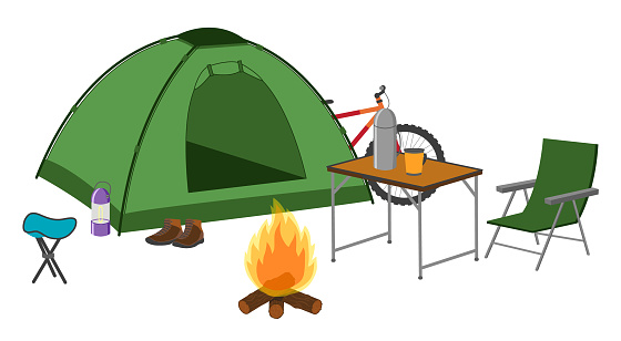 Set of camping equipment. Tent and folding furniture near the campfire.