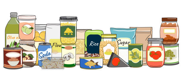 Set of canned food on shelf. Preserved food in cans, glass jars, metal containers, packs of cereals Set of canned food on shelf. Preserved food in cans, glass jars, metal containers, packs of cereals. Elements of kitchen storage. Hand drawn vector illustration. Isolated on white background. pantry stock illustrations
