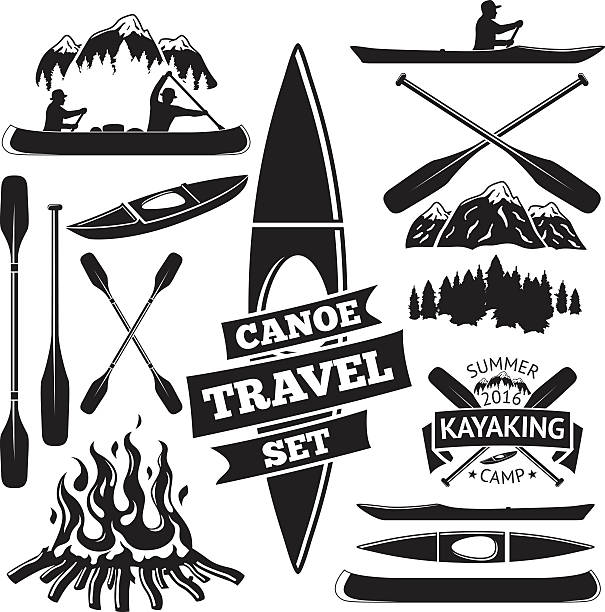 Set of canoe and kayak design elements. Two man in Set of canoe and kayak design elements. Two man in a canoe boat, man in a kayak, boats and oars, mountains, campfire, forest, label. Vector illustration river silhouettes stock illustrations