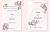 A set of card templates for a wedding invitation, save date, RSVP, menu. A postcard for a celebration, a party with roses and greenery in a rustic style. Vector design