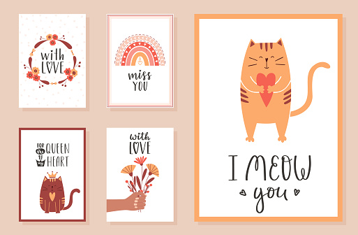 A set of cards, posters for Valentine's day with handwritten lettering phrases and a boho rainbow, cats, flower wreaths, cats and flowers. Cute vector illustrations in flat cartoon style on white