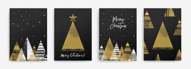 ilustraciones, imágenes clip art, dibujos animados e iconos de stock de juego de cartas con árboles de navidad. colores blanco, negro y dorado. - christmas card