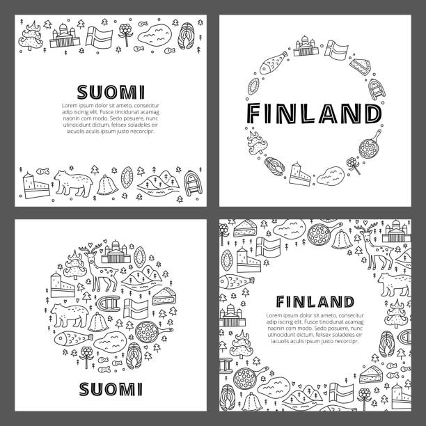 illustrazioni stock, clip art, cartoni animati e icone di tendenza di set di carte con caratteri e doodle contorno finlandia icone. - finlandia laghi