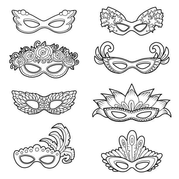 illustrazioni stock, clip art, cartoni animati e icone di tendenza di set di maschere di carnevale, collezione in bianco e nero di accessori per cartoni animati - carnevale venezia