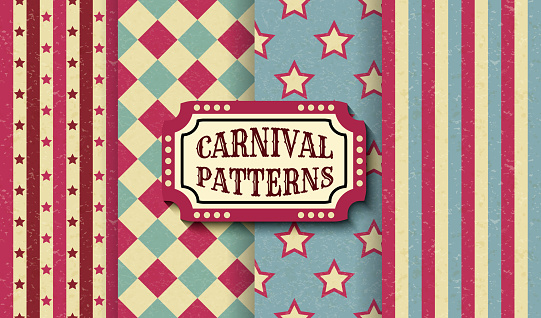 Set of carnival retro vintage seamless patterns. Textured old fashioned circus wallpaper templates. Collection of vector texture background tiles. For parties, birthdays, decorative elements.
