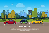 Set Of Cars On City Parking Lot Over Silhouette Buildings Background Flat Vector Illustration