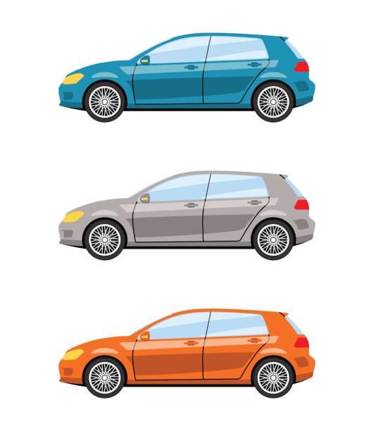 Set of cars side view. Set of cars side view different colors. Hatchback car icon detailed. Vector illustration. hatchback stock illustrations