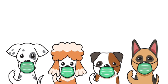 Set of cartoon character dogs wearing protective face masks