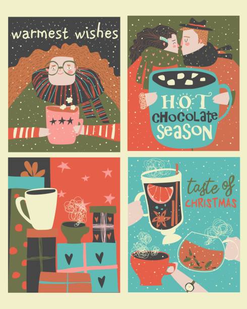 stockillustraties, clipart, cartoons en iconen met set van cartoon kerstkaarten met winter dranken - happy couple cold