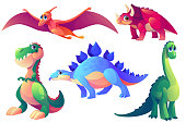 Set of cartoon dinosaurs stegosaurus, brontosaurus, tyrannosaurus rex and pterodactyl with triceratops prehistoric animals, Jurassic era creatures isolated on white background, Vector illustration