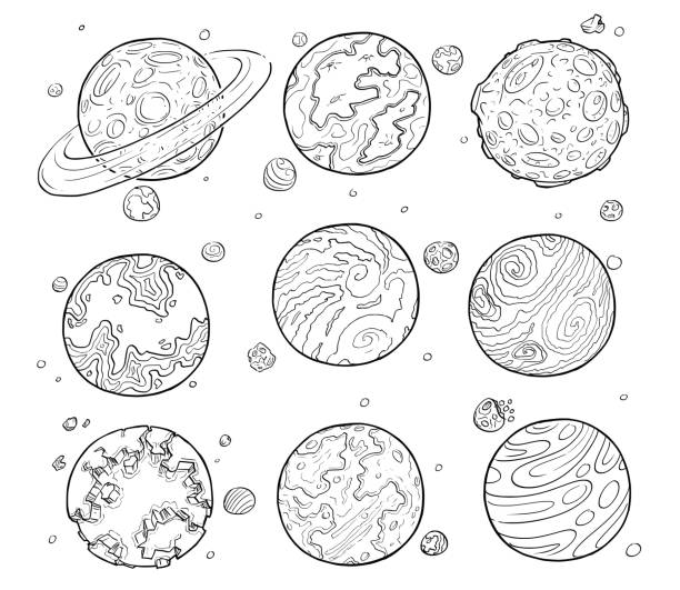 Set of Cartoon Drawings of Alien Planets. Set of cartoon vector doodle drawing illustration of alien planets and moons. volcanic crater stock illustrations