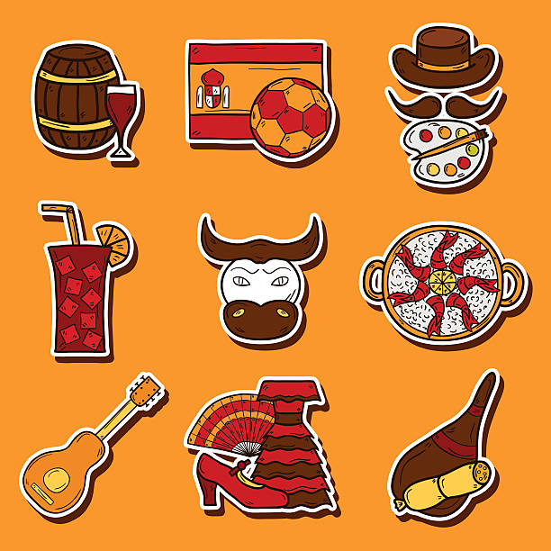 ilustrações, clipart, desenhos animados e ícones de conjunto de adesivos de desenhos animados de desenho em espanha tema: bandeira, bull - gado brasil