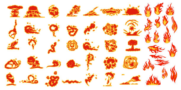 A set of cartoon explosions on a white background. The effect of fire, explosion, bomb, clouds. Animation of an explosion, flame. A set of fire and explosion icons. A set of cartoon explosions on a white background. The effect of fire, explosion, bomb, clouds. rocketship borders stock illustrations