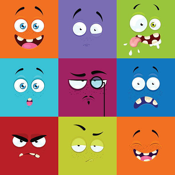Set of cartoon faces with expression of emotions Set of cartoon faces with expression of emotions. Set of nine bright emotional avatars. monster fictional character stock illustrations
