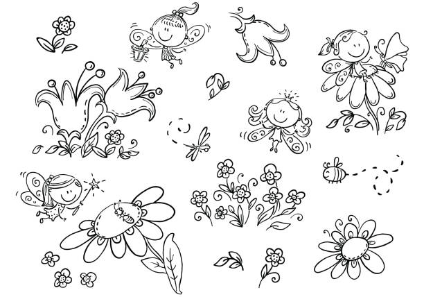 Set of cartoon fairies,insects, flowers and elements, vector graphics, black and white Set of cartoon fairies,insects, flowers and elements, vector graphics, black and white butterfly fairy flower white background stock illustrations