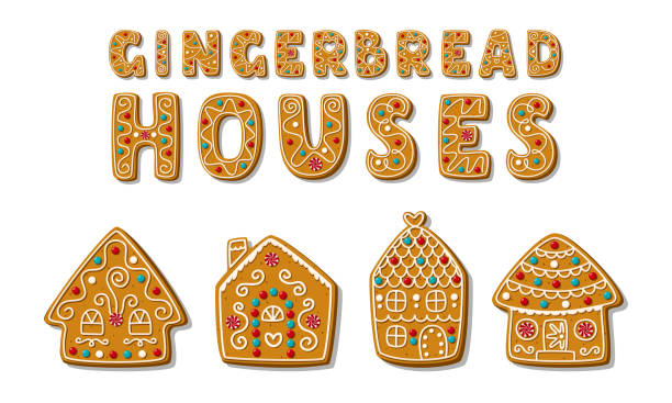 Set of cartoon festive gingerbread houses with a short phrase. Homemade Christmas cookies. Vector illustration. Set of cartoon festive gingerbread houses with a short phrase. Festive homemade sweets. Christmas cookies. Vector illustration. gingerbread house stock illustrations