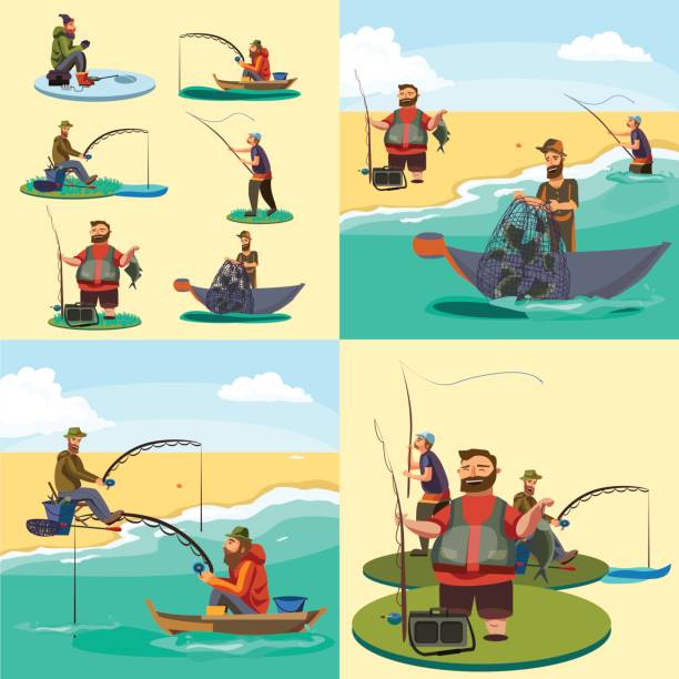 ilustrações de stock, clip art, desenhos animados e ícones de set of cartoon fisherman catches fish sitting boat fisher threw fishing rod into water, happy fishman holds catch and spin, man pulls net out of the water, fishing on ice icon vector illustration - fisherman