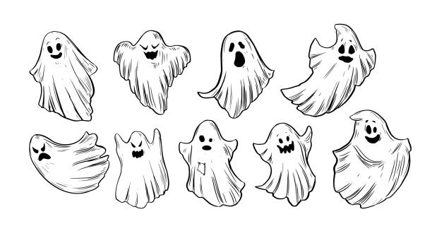 ilustraciones, imágenes clip art, dibujos animados e iconos de stock de conjunto de fantasmas de halloween de dibujos animados. ilustración de esquema vectorial. - ghost