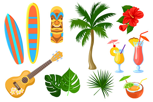 Set of cartoon Hawaiian and travel symbols
