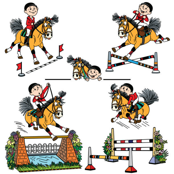 stockillustraties, clipart, cartoons en iconen met set cartoon paard springruiter - jumping