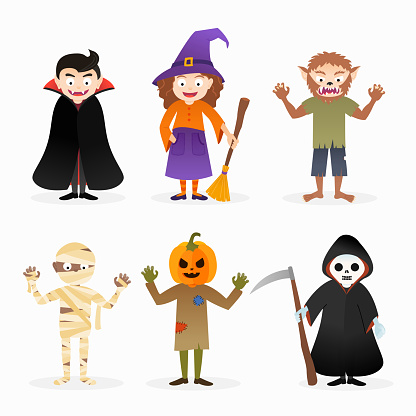 Set Of Cartoon Isolated Vector Halloween Costume Characters Stock ...