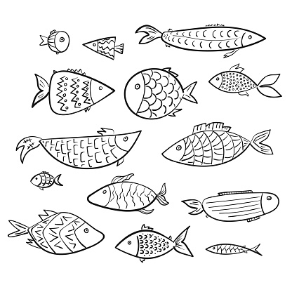Set Of Cartoon Kids Vector Outline Fishes Stock Illustration - Download ...