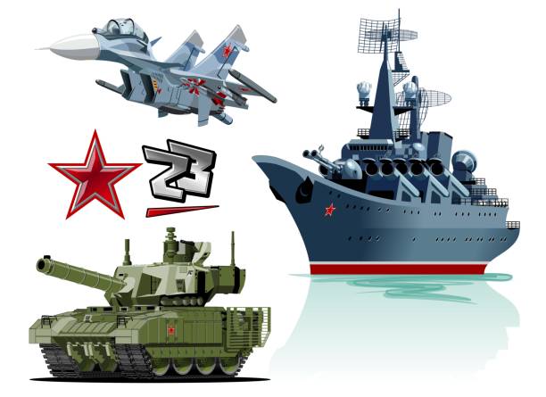 Set of cartoon military equipment Set of cartoon military equipment for 23 February schedule for decoration flyers or greeting cards. Translation: February 23 Defender of the Fatherland Day. defense industry stock illustrations