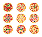 Set of cartoon pizzas with different stuffing. Flat vector illustration. Top view collection of various chicken, pepperoni pizzas isolated in white background. Food, menu, pizza, cuisine concept