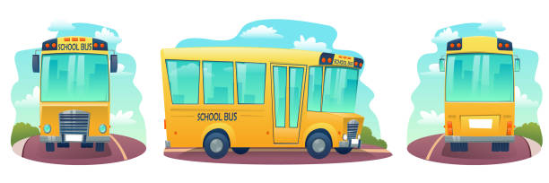 Set of cartoon school bus. Yellow bus for  children, education conception. Transportation pupil or student, transport and automobile. Vector illustration Set of cartoon school bus. Yellow bus for  children, education conception. Transportation pupil or student, transport and automobile. Vector illustration traffic clipart stock illustrations