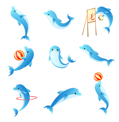 Set of cartoon small blue dolphins with different activities