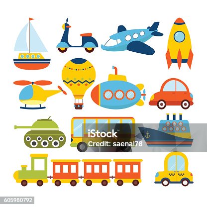istock Set of cartoon transport. Transportation theme 605980792