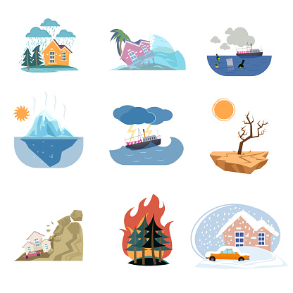 Set of catastrophe icons and outdoor natural disasters isolated on white background