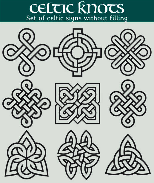 Set of celtic signs without filling 9 symbols made with Celtic knots for use in tattoos or designs. religious cross borders stock illustrations