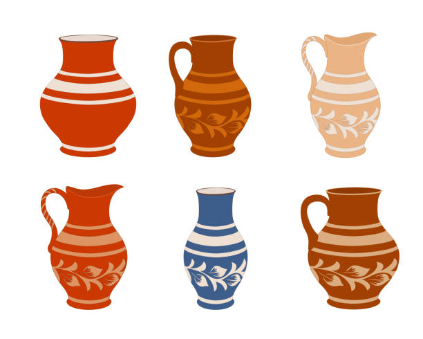 Set of ceramic crockery. Collection jugs in different variation. Rustic pottery utensils, colorful vector illustration. Set of ceramic crockery. Collection jugs in different variation. Rustic pottery utensils, colorful vector illustration for your design. Horizontal location. earthenware stock illustrations