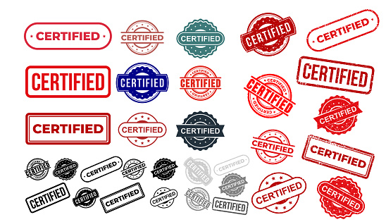 Set of certified rubber stamp. Grunge red, black badge with certified text in frame or round. Rectangular border. Certification icon or seal with scratches. Vector isolated on white background.