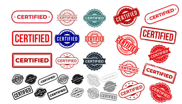 Set of certified rubber stamp. Grunge red, black badge with certified text in frame or round. Rectangular border. Certification icon or seal with scratches. Vector isolated on white background. Set of certified rubber stamp. Grunge red, black badge with certified text in frame or round. Rectangular border. Certification icon or seal with scratches. Vector isolated on white background. sellin stock illustrations