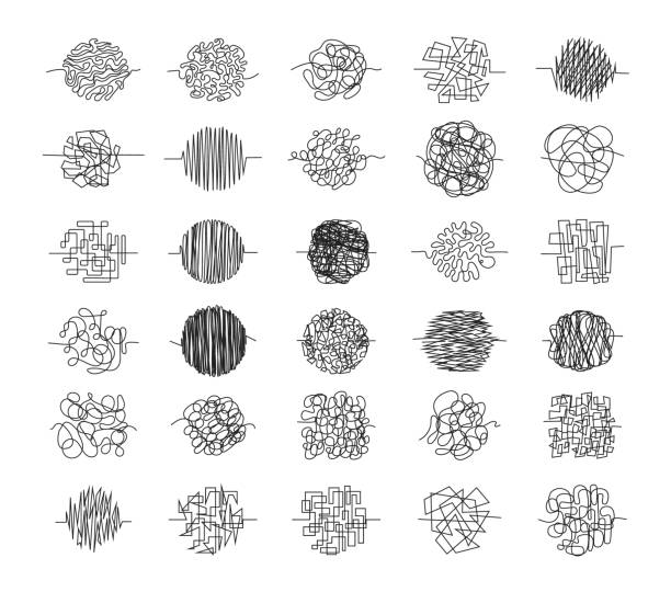Set of chaos clews Hand drawn tangled clews, scribble lines or doodle scribbles symbols. Vector illustration. Isolated on white background. Set of chaos clews Hand drawn tangled clews, scribble lines or doodle scribbles symbols. Vector illustration. Isolated on a white background. chaos stock illustrations